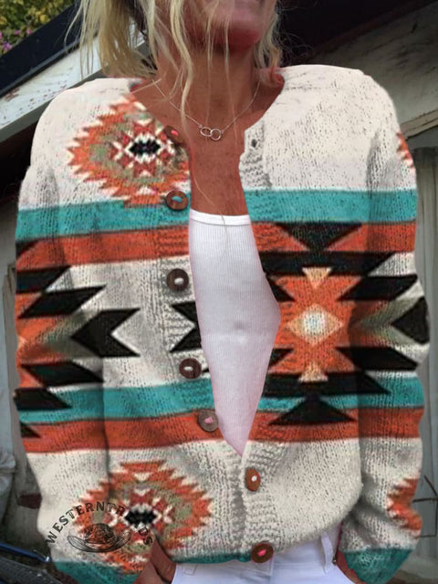 Orange and Green Aztec Print Buttoned Cardigan Sweater