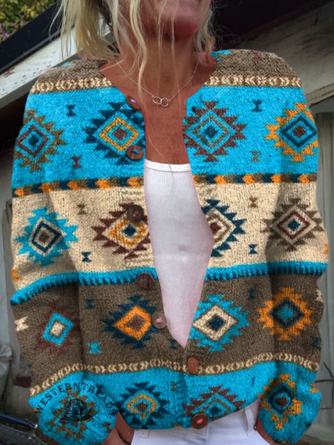 Retro Colorful Stripes Aztec Print Buttoned Cardigan Sweater