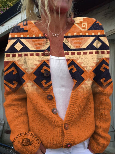 Retro Orange Aztec Print Buttoned Cardigan Sweater