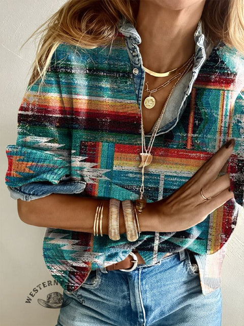 Women's Colorful Stripes Aztec Casual V-neck Pullover Knit