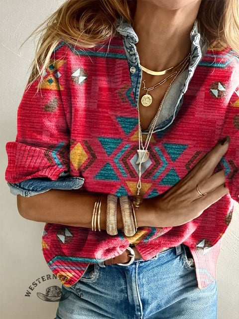 Women's Retro Pink Aztec Casual V-neck Pullover Knit