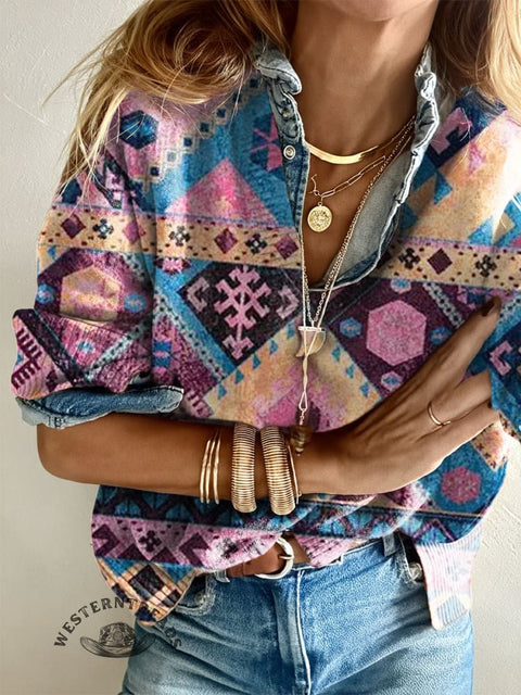 Women's Colorful Aztec Retro Pattern Casual V-neck Pullover Knit