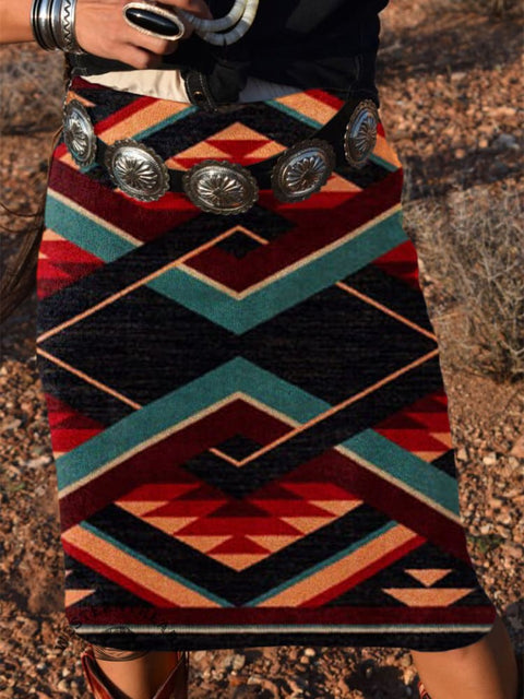 Women's Retro Aztec Print Knitted Skirt