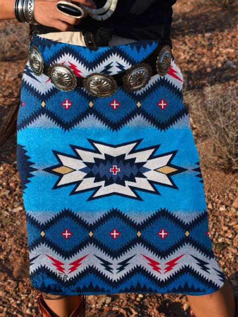 Women's Retro Blue Aztec Print Knitted Skirt