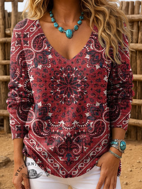 Retro Red Paisley Carpet Pattern Women's Casual V-neck Pullover Knit