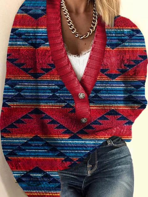 Colorful Stripes Aztec Print Buttoned Cardigan Sweater
