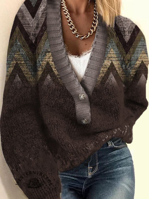 Aztec Brown Gradient Print Buttoned Cardigan Sweater