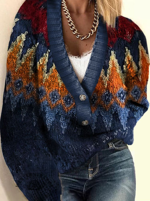 Colorful Aztec Print Buttoned Cardigan Sweater