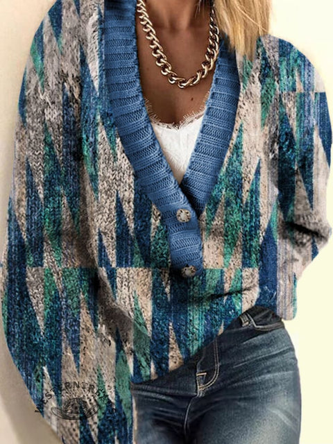 Blue and Green Aztec Print Buttoned Cardigan Sweater