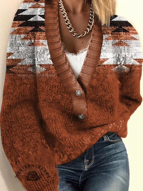 Orange Aztec Print Buttoned Cardigan Sweater
