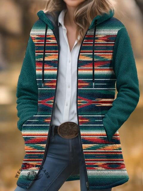 Green Stripes Aztec Unisex Plush Thick Long-Sleeved Cardigan Coat