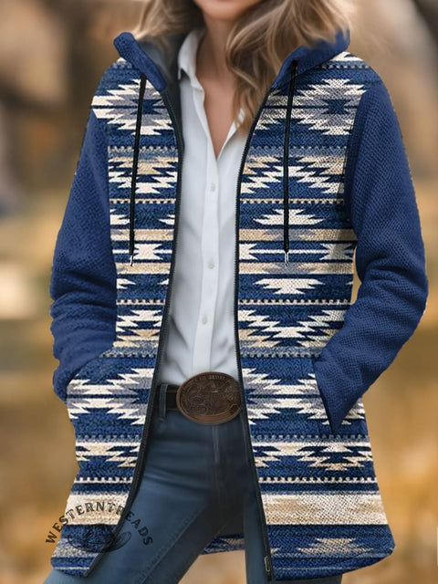 Blue Stripes Aztec Unisex Plush Thick Long-Sleeved Cardigan Coat