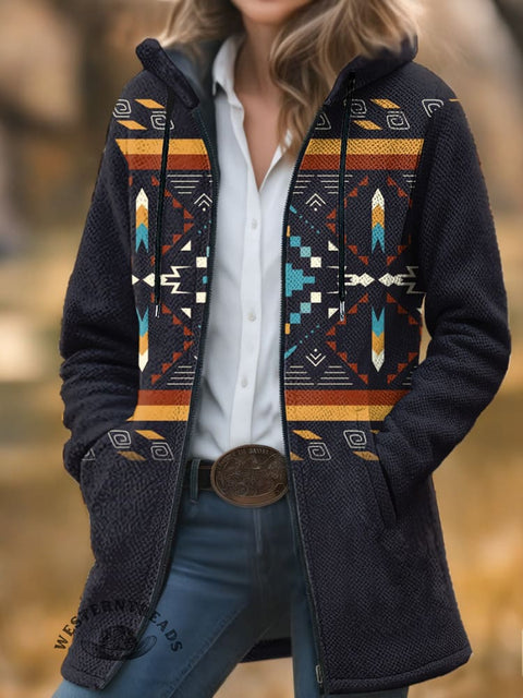 Color Aztec Unisex Plush Thick Long-Sleeved Cardigan Coat