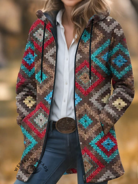 Color Aztec Unisex Plush Thick Long-Sleeved Cardigan Coat