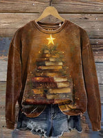 Vintage Book Christmas Tree Casual Cotton Sweatshirt