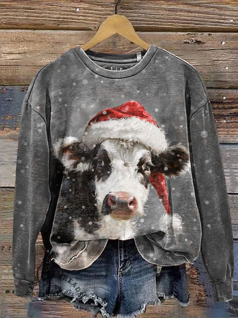 Cow Wearing A Christmas Hat Casual Cotton Sweatshirt