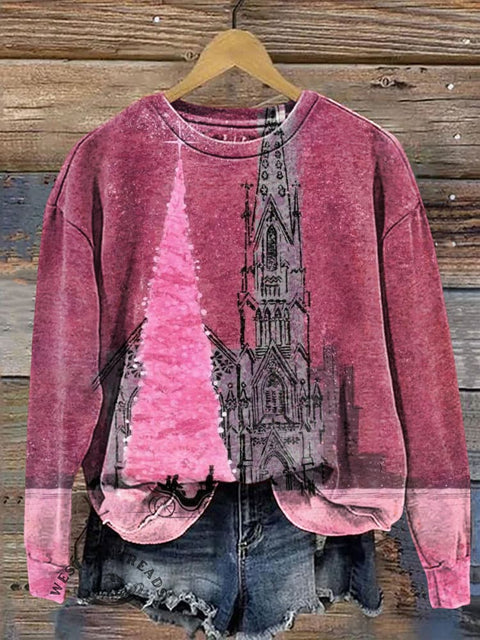 Pink Christmas Tree Casual Cotton Sweatshirt