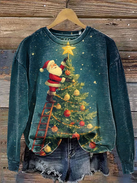 Santa Claus and Christmas Tree Casual Cotton Sweatshirt