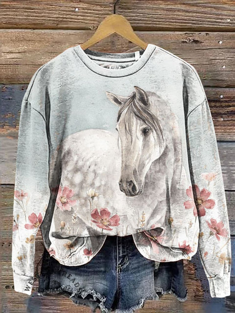 White Horse and Flower Casual Cotton Sweatshirt