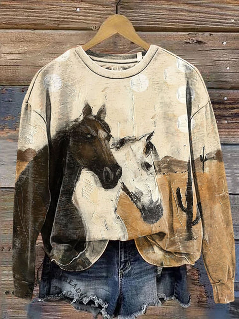 Retro Western Horse and Cactus Casual Cotton Sweatshirt
