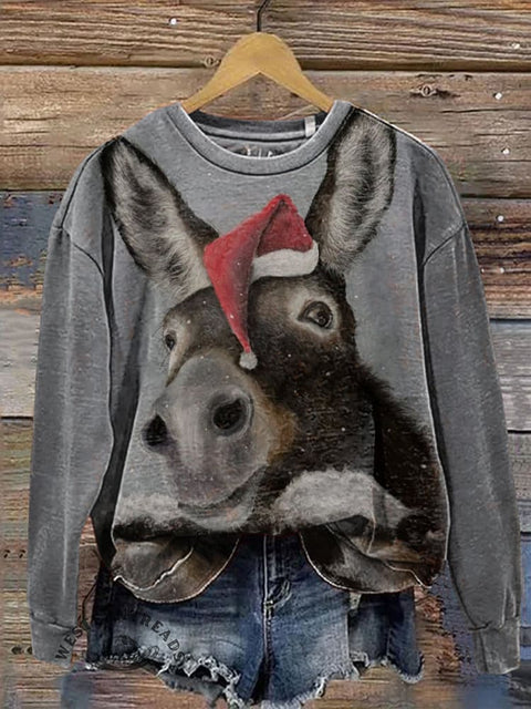 Funny Donkey Wearing A Santa Hat Casual Cotton Sweatshirt