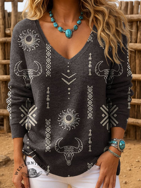 Western Bull Skull Tribal Pattern Women's Casual V-neck Pullover Knit