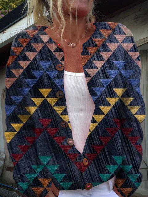 Colorful Triangle Stripes Print Buttoned Cardigan Sweater