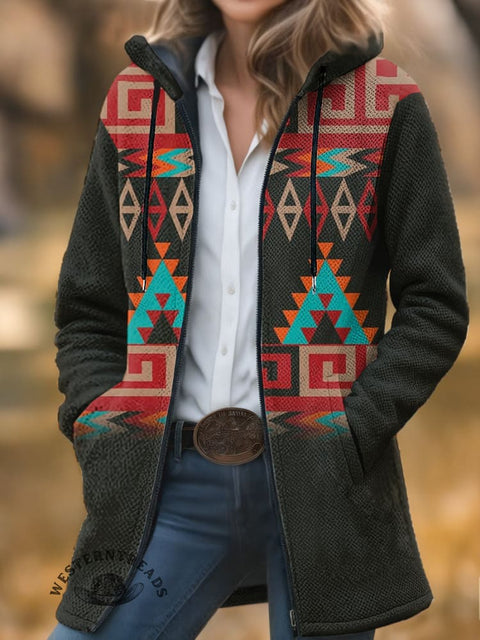Retro Color Aztec Unisex Plush Thick Long-Sleeved Cardigan Coat