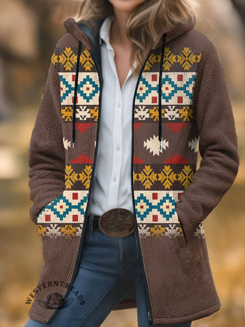 Retro Color Aztec Unisex Plush Thick Long-Sleeved Cardigan Coat