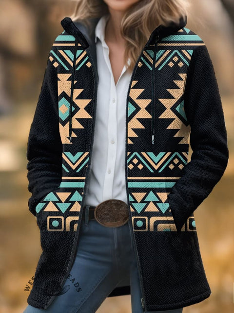 Retro Color Aztec Unisex Plush Thick Long-Sleeved Cardigan Coat