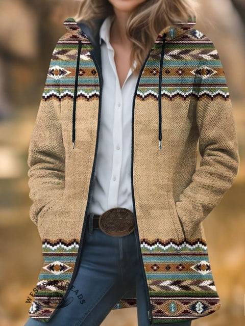Retro Color Aztec Unisex Plush Thick Long-Sleeved Cardigan Coat