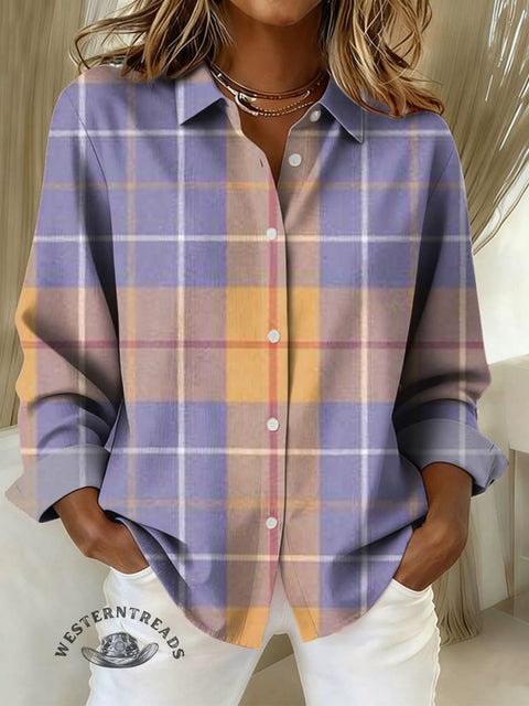 Women's Purple and Yellow Plaid Print Casual Cotton Shirt