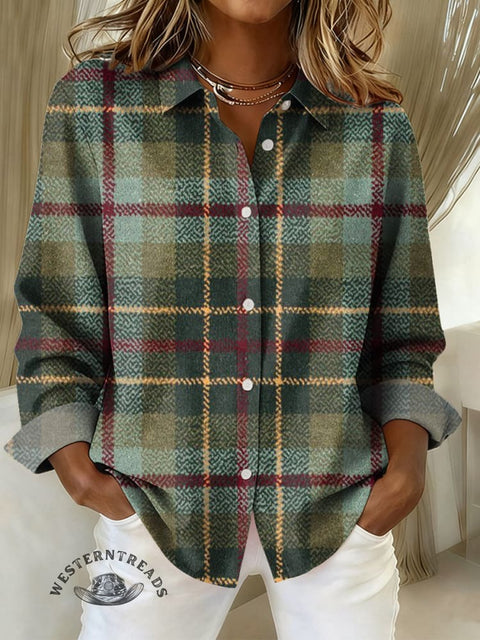 Women's Retro Christmas Color Plaid Print Casual Cotton Shirt