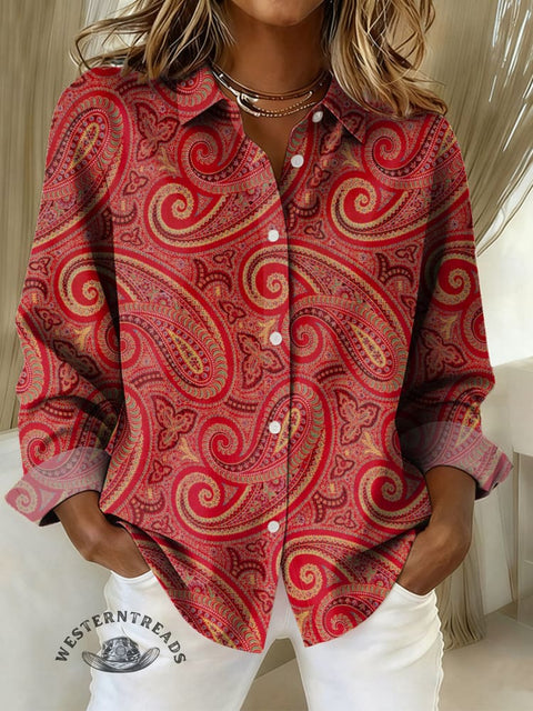 Women's Retro Red Paisley Print Casual Cotton Shirt