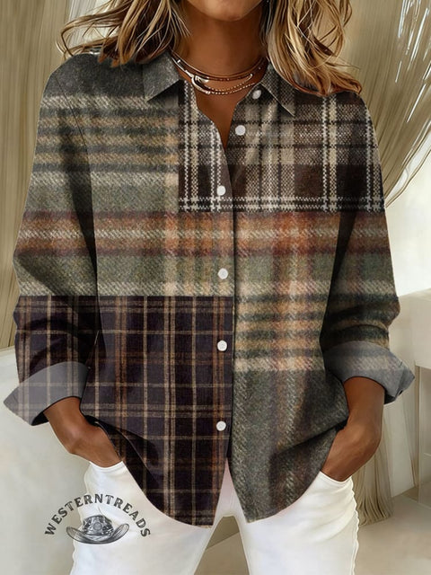 Women's Retro Patchwork Check Print Casual Cotton Shirt