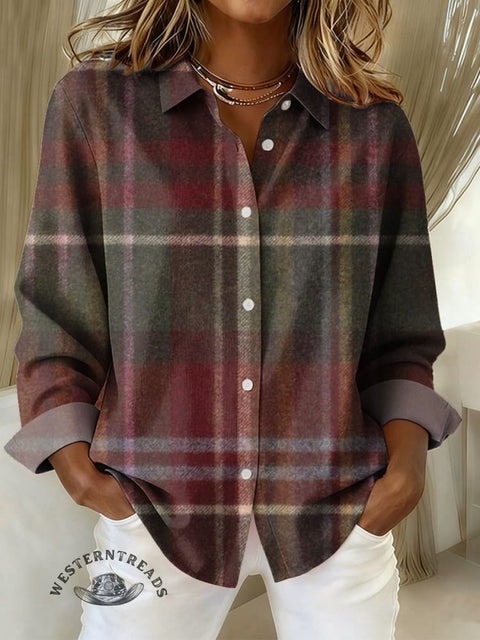 Women's Retro Christmas Color Plaid Print Casual Cotton Shirt