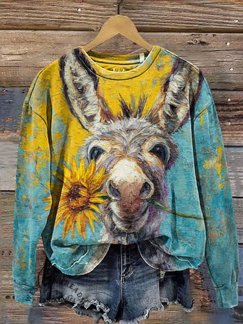 Oil Painting Visual Donkey and Sunflower Casual Cotton Sweatshirt