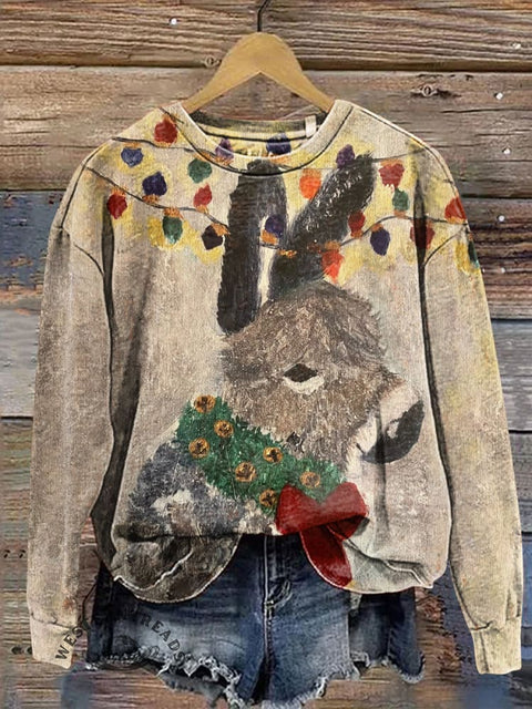 Retro Christmas Lights and Cute Donkey Casual Cotton Sweatshirt
