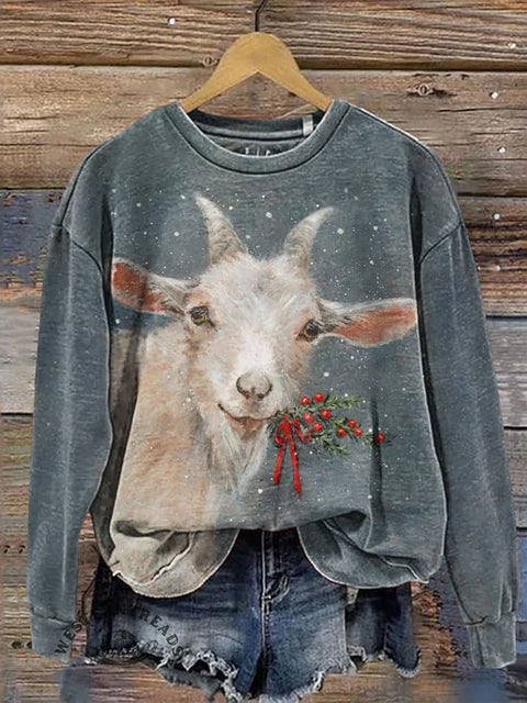 Retro Christmas Lamb Casual Cotton Sweatshirt