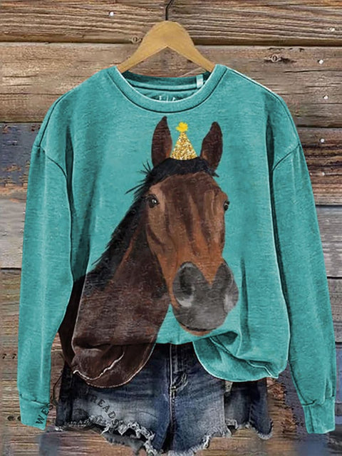 Retro Funny Horse Casual Cotton Sweatshirt