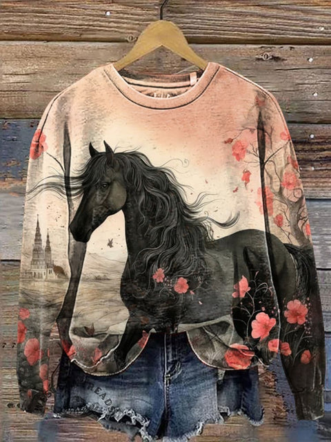 Red Flower and Black Horse Casual Cotton Sweatshirt
