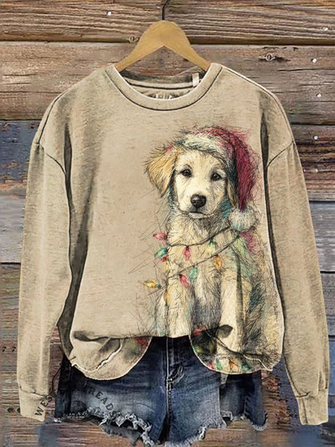 Puppy with Christmas Hat and Colorful Lights Casual Cotton Sweatshirt