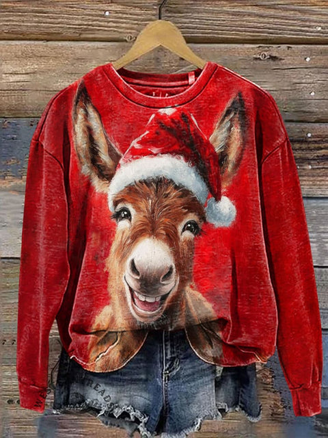 Funny Horse Wearing Santa Hat Casual Cotton Sweatshirt