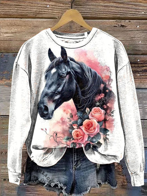 Rose and Black Horse Wearing Santa Hat Casual Cotton Sweatshirt