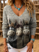 Imitation Embroidery Visual Cute Donkey Women's Casual V-neck Pullover Knit