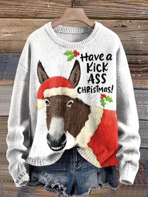 Funny Christmas Donkey Print Knit Pullover Sweater