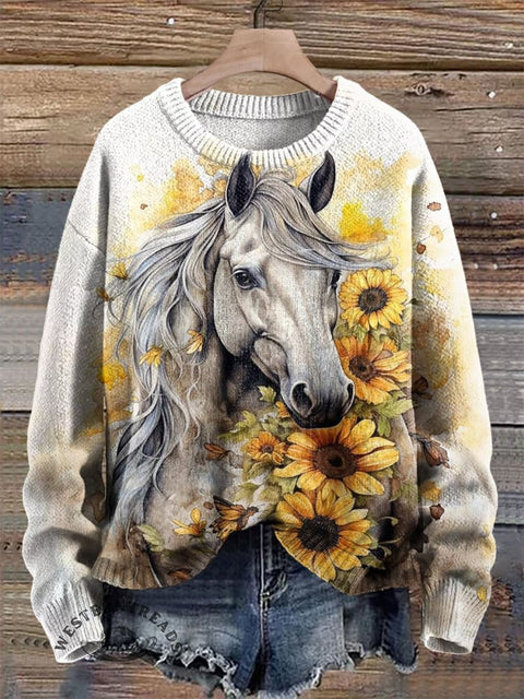 White Horse and Sunflower Print Knit Pullover Sweater