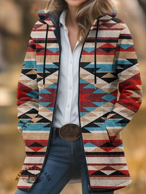 Color Aztec Unisex Plush Thick Long-Sleeved Cardigan Coat