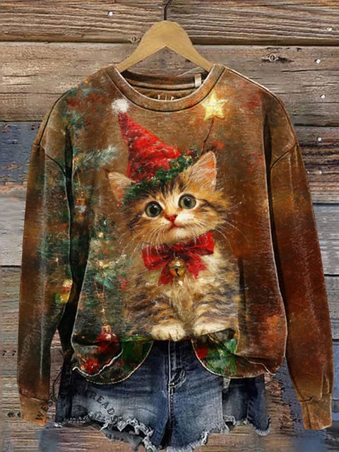 Retro Christmas Kitten Casual Cotton Sweatshirt