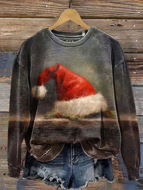 Retro Christmas Hat Casual Cotton Sweatshirt